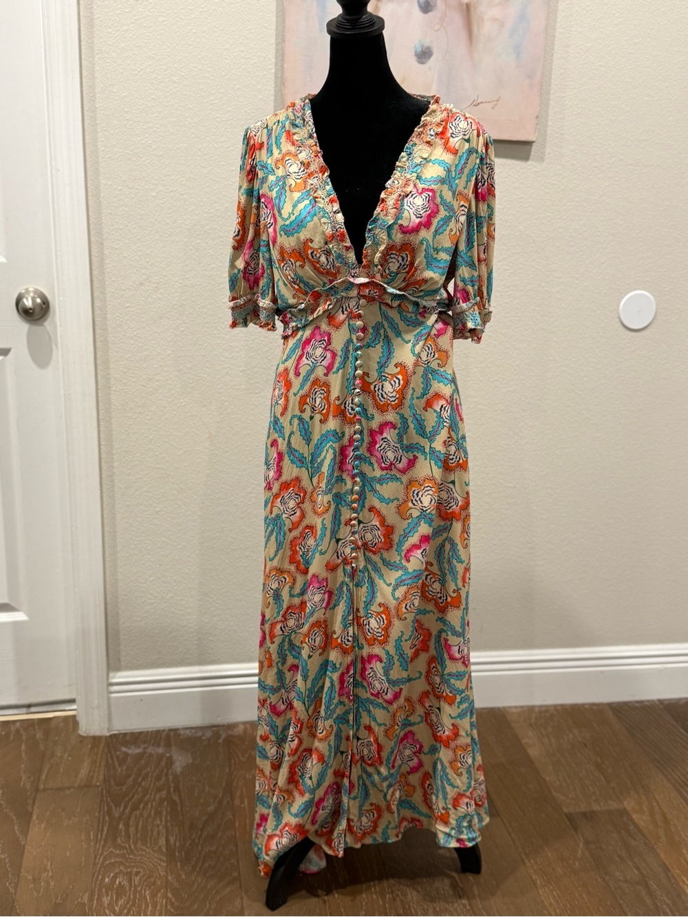 SALONI Cream Multicolor Floral V-Neck Maxi Dress